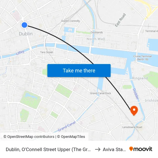 Dublin, O'Connell Street Upper (The Gresham Hotel) to Aviva Stadium map