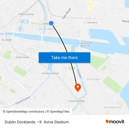 Dublin Docklands to Aviva Stadium map