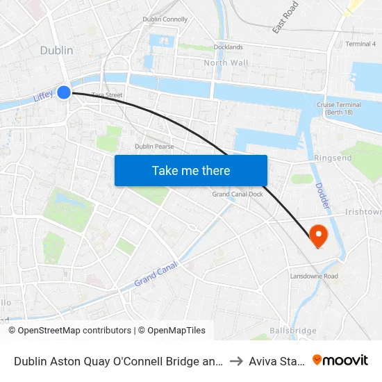 Dublin Aston Quay O'Connell Bridge and Temple Bar to Aviva Stadium map