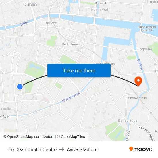 The Dean Dublin Centre to Aviva Stadium map