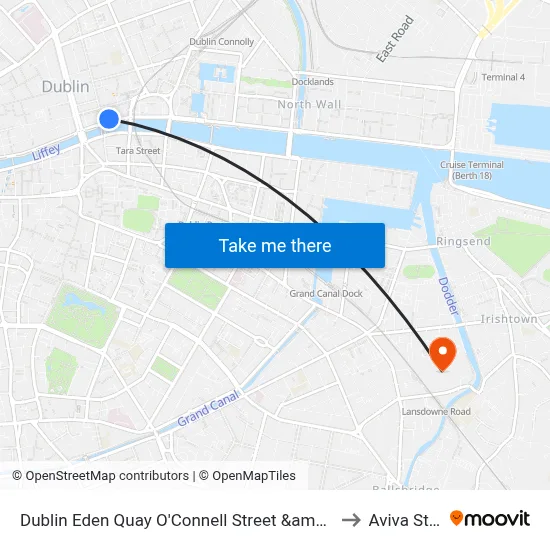 Dublin Eden Quay O'Connell Street &amp; Marlborough Street to Aviva Stadium map