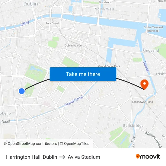 Harrington Hall, Dublin to Aviva Stadium map
