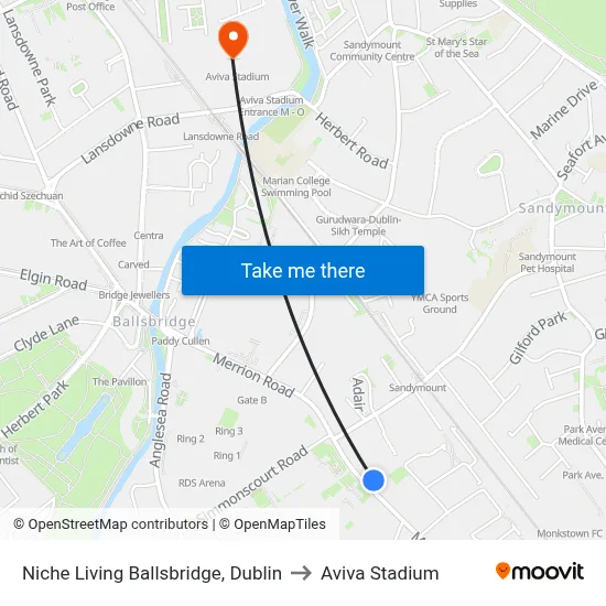 Niche Living Ballsbridge, Dublin to Aviva Stadium map
