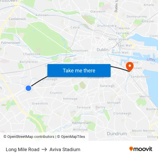 Long Mile Road to Aviva Stadium map