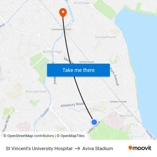 St Vincent's University Hospital to Aviva Stadium map