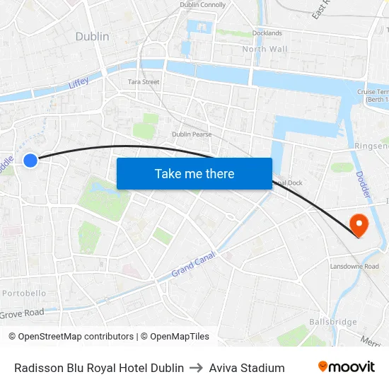 Radisson Blu Royal Hotel Dublin to Aviva Stadium map