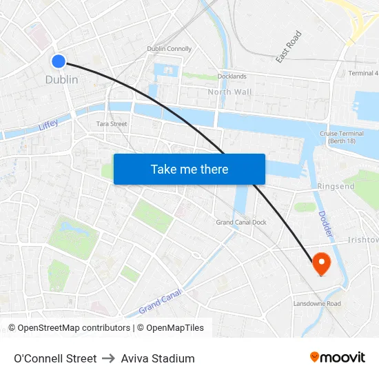 O'Connell Street to Aviva Stadium map