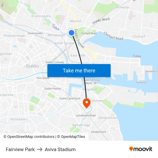 Fairview Park to Aviva Stadium map