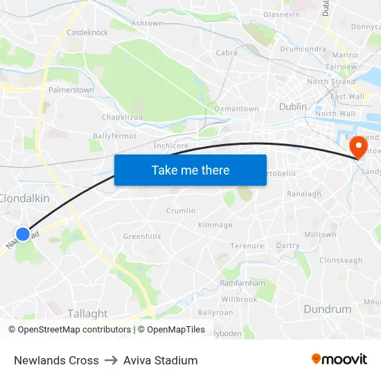 Newlands Cross to Aviva Stadium map