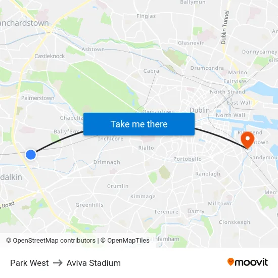 Park West to Aviva Stadium map