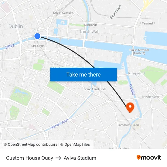 Custom House Quay to Aviva Stadium map