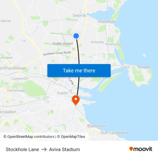 Stockhole Lane to Aviva Stadium map