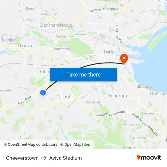 Cheeverstown to Aviva Stadium map