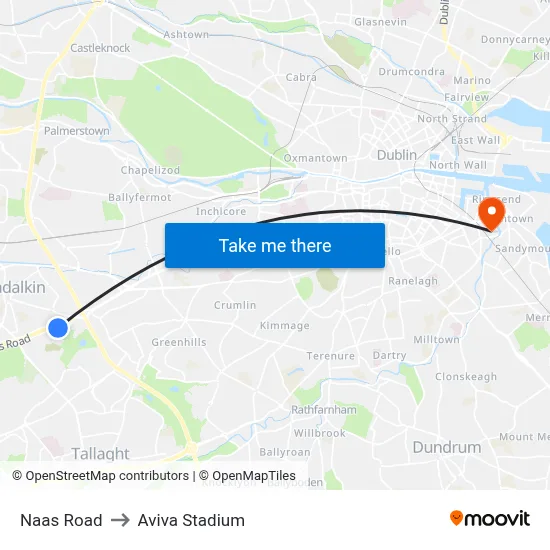 Naas Road to Aviva Stadium map
