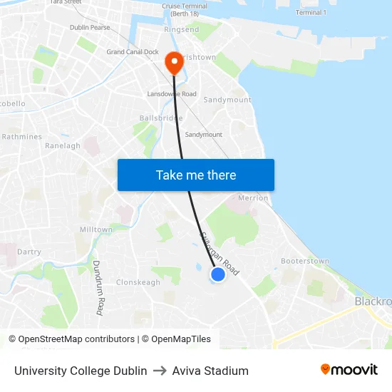 University College Dublin to Aviva Stadium map