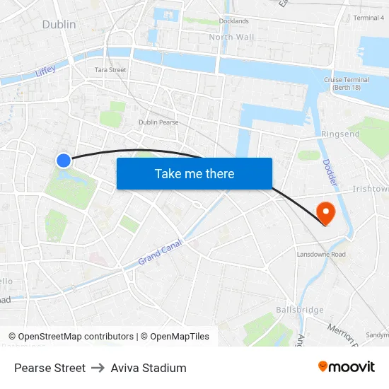 Pearse Street to Aviva Stadium map
