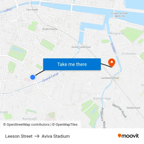 Leeson Street to Aviva Stadium map