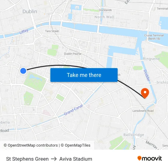St Stephens Green to Aviva Stadium map