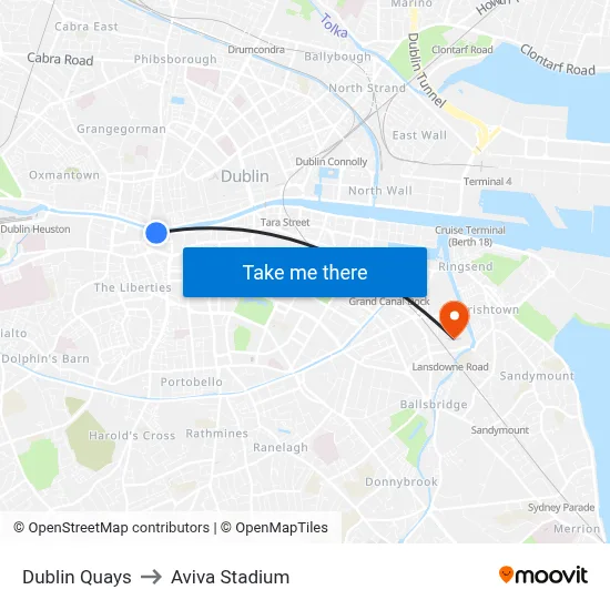 Dublin Quays to Aviva Stadium map