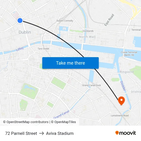 72 Parnell Street to Aviva Stadium map