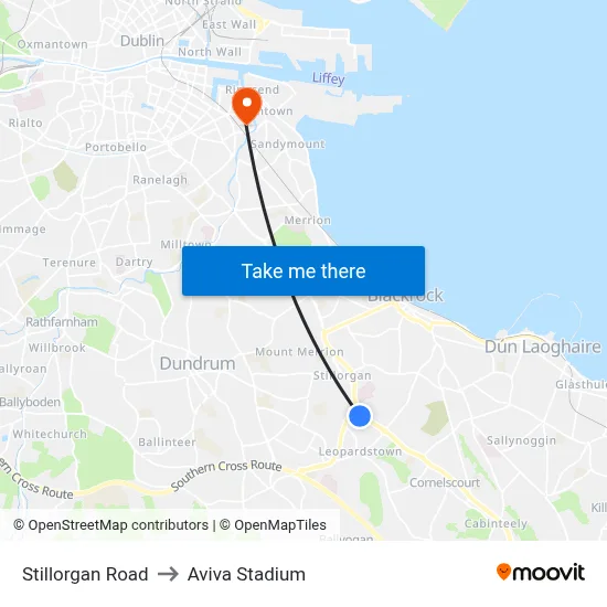 Stillorgan Road to Aviva Stadium map