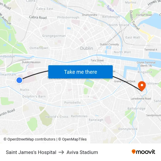 Saint James's Hospital to Aviva Stadium map
