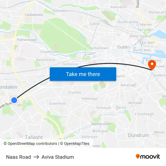 Naas Road to Aviva Stadium map