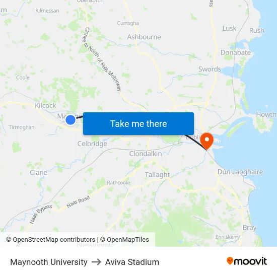 Maynooth University to Aviva Stadium map