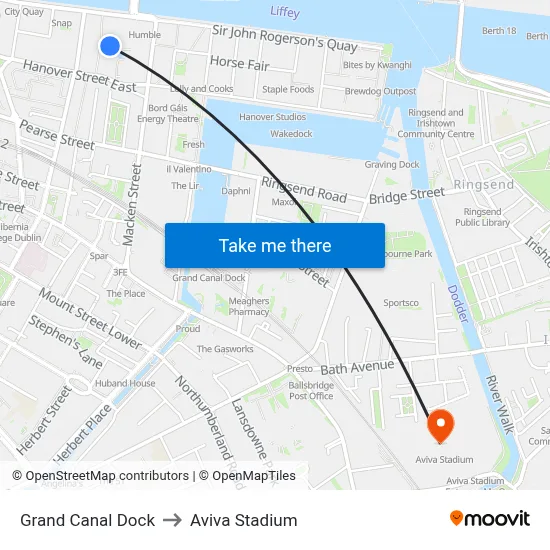 Grand Canal Dock to Aviva Stadium map