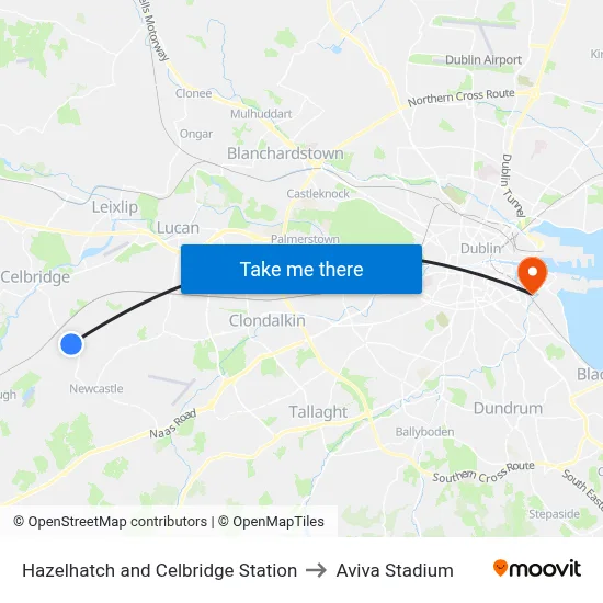 Hazelhatch and Celbridge Station to Aviva Stadium map