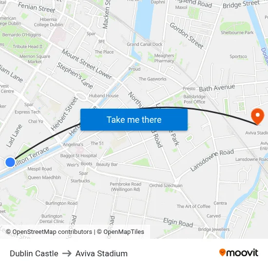 Dublin Castle to Aviva Stadium map