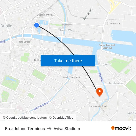 Broadstone Terminus to Aviva Stadium map