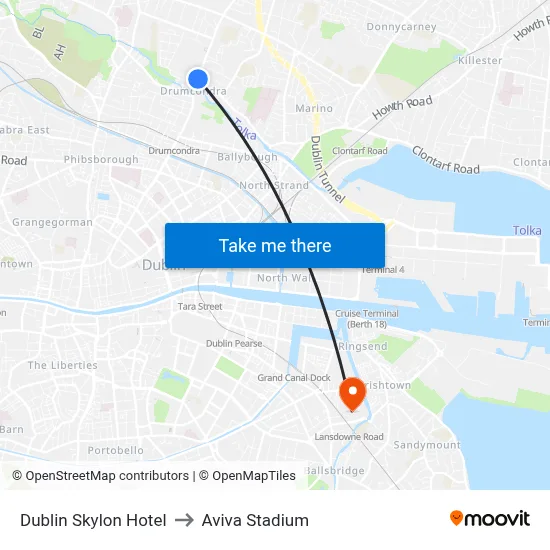 Dublin Skylon Hotel to Aviva Stadium map