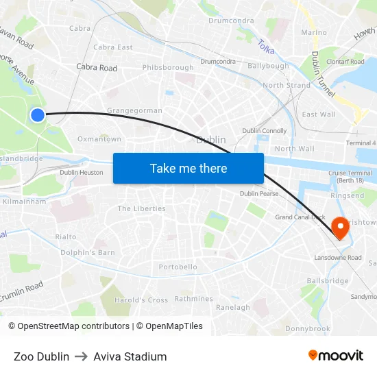 Zoo Dublin to Aviva Stadium map
