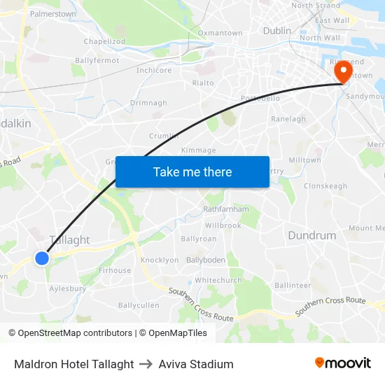 Maldron Hotel Tallaght to Aviva Stadium map
