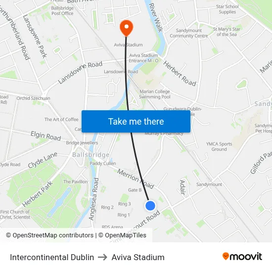 Intercontinental Dublin to Aviva Stadium map
