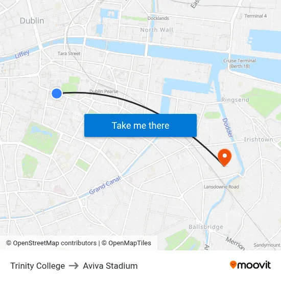 Trinity College to Aviva Stadium map