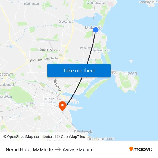 Grand Hotel Malahide to Aviva Stadium map