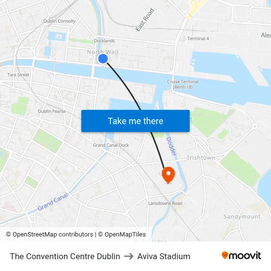 The Convention Centre Dublin to Aviva Stadium map