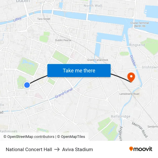 National Concert Hall to Aviva Stadium map
