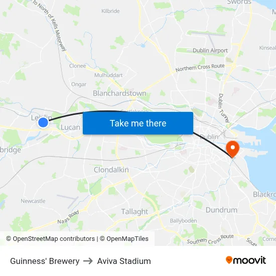 Guinness' Brewery to Aviva Stadium map