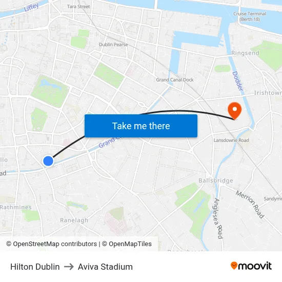Hilton Dublin to Aviva Stadium map