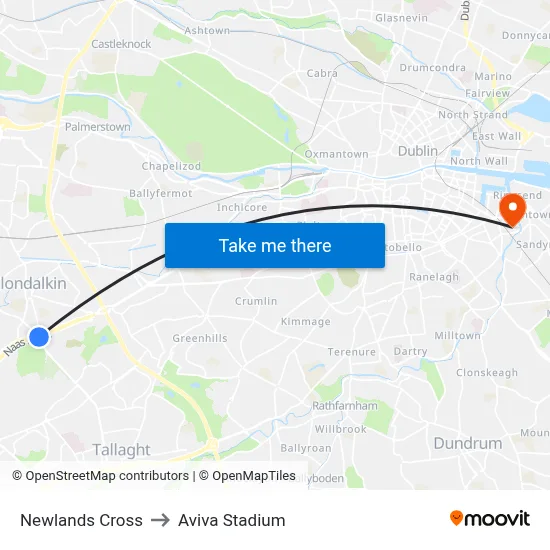 Newlands Cross to Aviva Stadium map