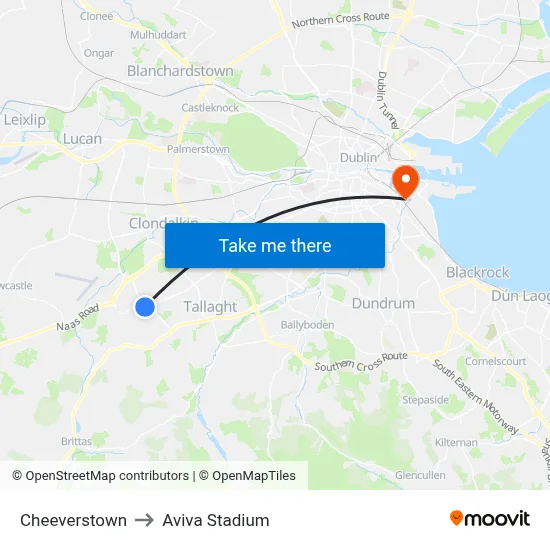 Cheeverstown to Aviva Stadium map