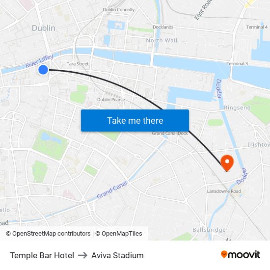 Temple Bar Hotel to Aviva Stadium map