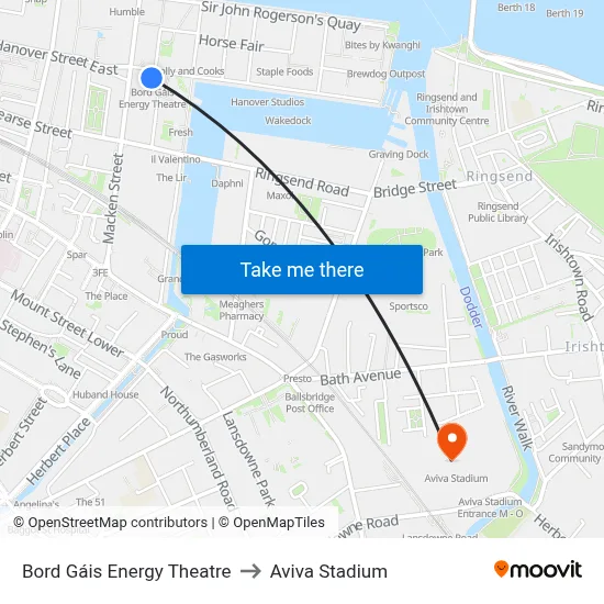 Bord Gáis Energy Theatre to Aviva Stadium map