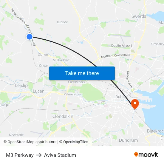 M3 Parkway to Aviva Stadium map