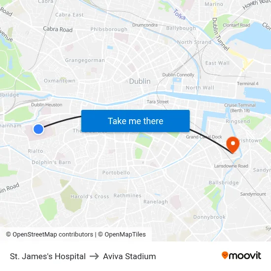 St. James's Hospital to Aviva Stadium map