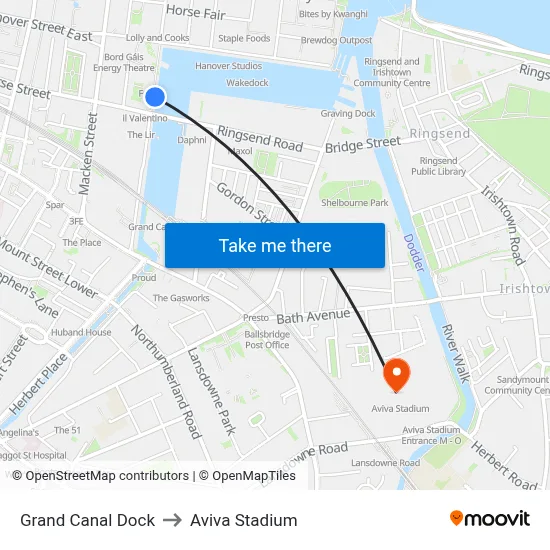 Grand Canal Dock to Aviva Stadium map