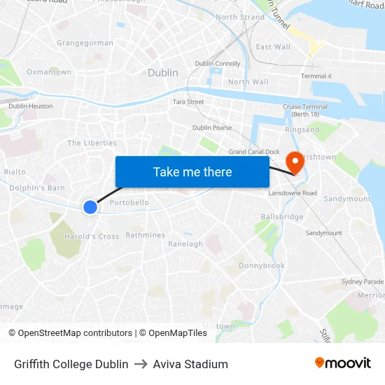 Griffith College Dublin to Aviva Stadium map